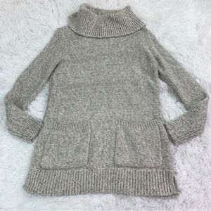 Loft petite long sleeve ribbed knit marled turtleneck Sweater patch pockets grey